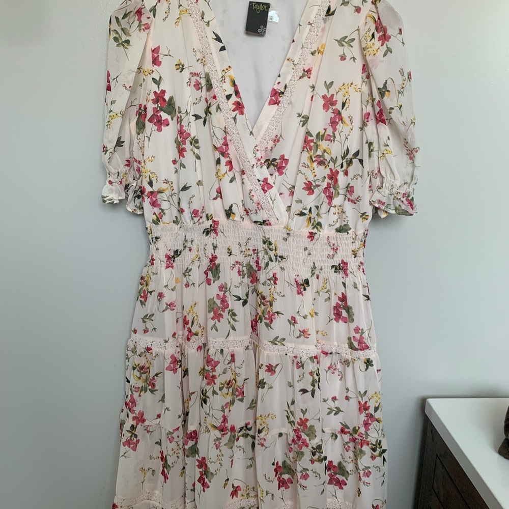 Target Pink Floral Wrap Midi Dress on Cream Base